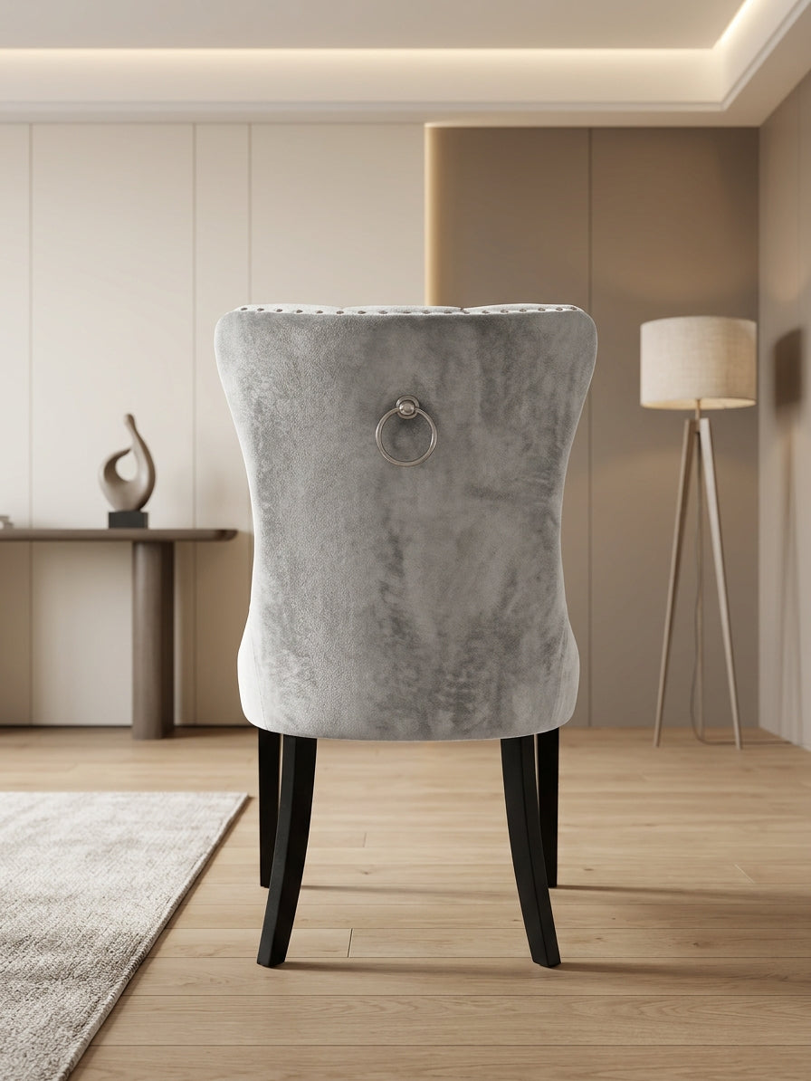 Pre-Loved Tufted Wingback Dining Chair — Grey Velvet & Black Timber Legs