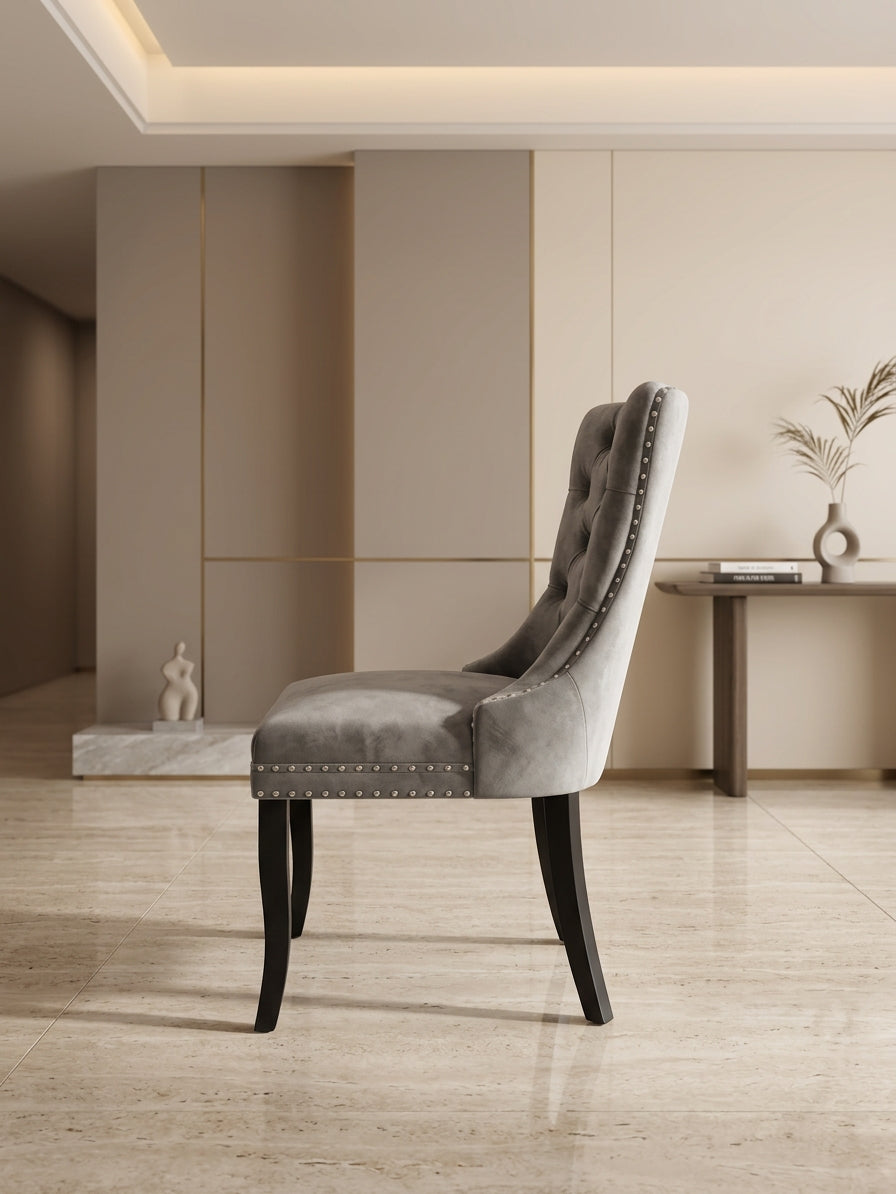 Pre-Loved Tufted Wingback Dining Chair — Grey Velvet & Black Timber Legs