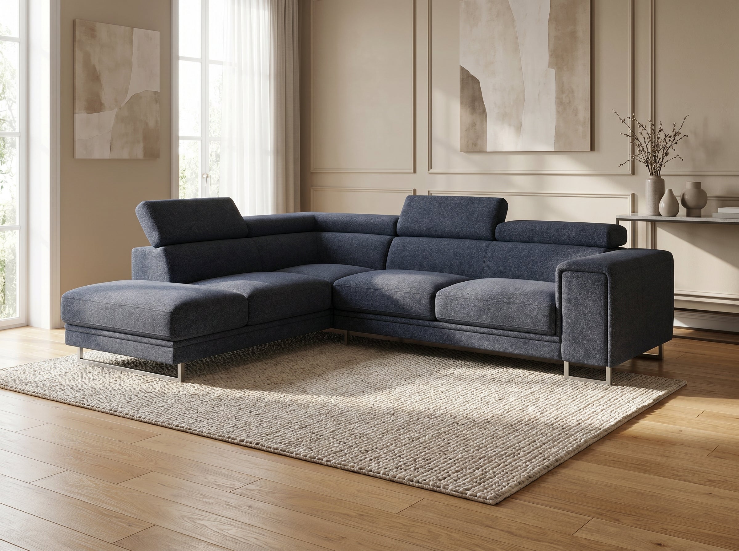 Vienna Large Chaise Lounge Sofa — Navy Fabric & Chrome Legs | Clearance