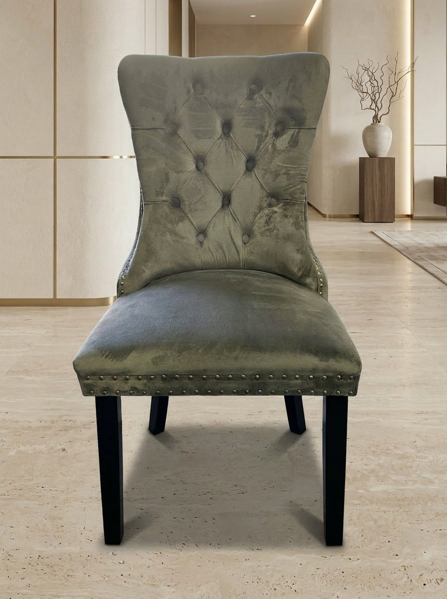 Pre-Loved Tufted Wingback Dining Chair — Grey Velvet & Black Timber Legs