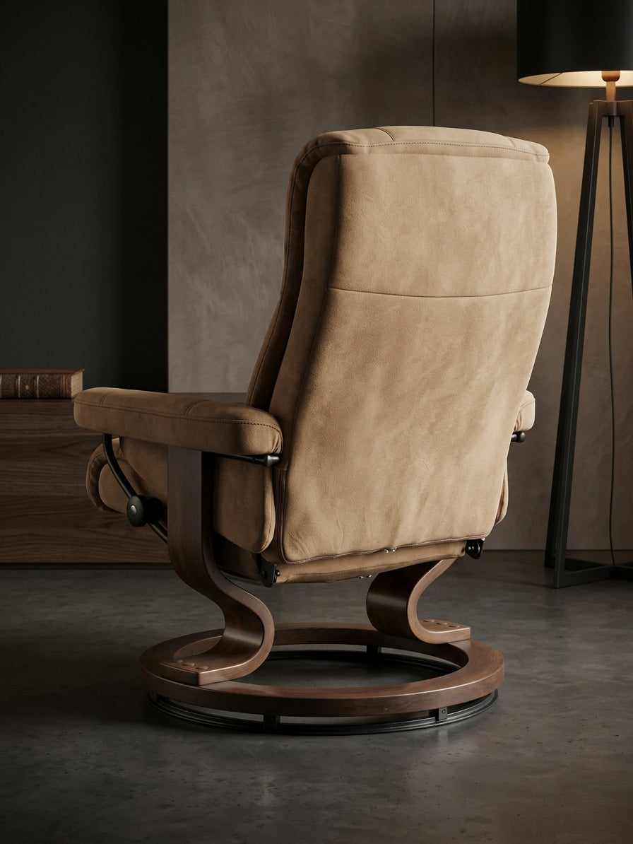 Pre-Loved Swivel Recliner Chair & Ottoman Set — Beige Fabric & Walnut Timber Base