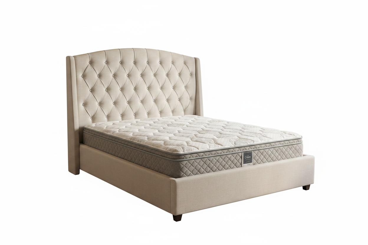 Pre-Loved Upholstered Diamond-Tufted Bed with King Coil Mattress