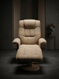 Pre-Loved Swivel Recliner Chair & Ottoman Set — Beige Fabric & Walnut Timber Base