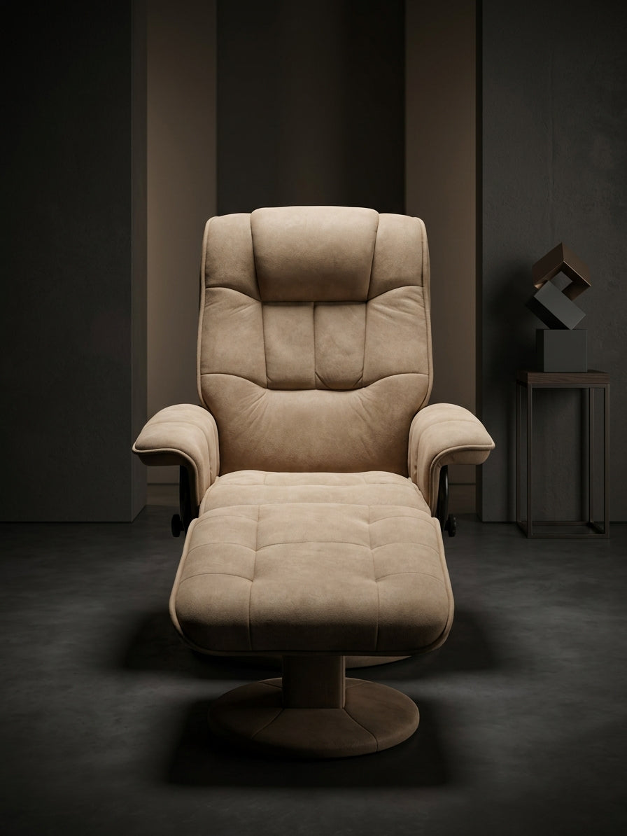 Pre-Loved Swivel Recliner Chair & Ottoman Set — Beige Fabric & Walnut Timber Base